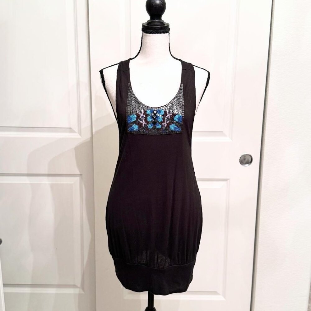 Silence + Noise Long Black Beaded Racerback Tank Top or Mini Dress, Size S